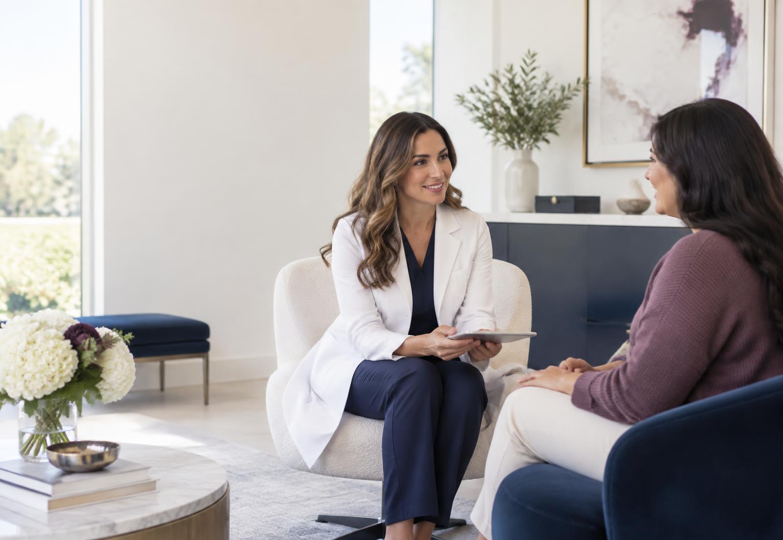 Clinician speaking with a patient in a bright consultation room
